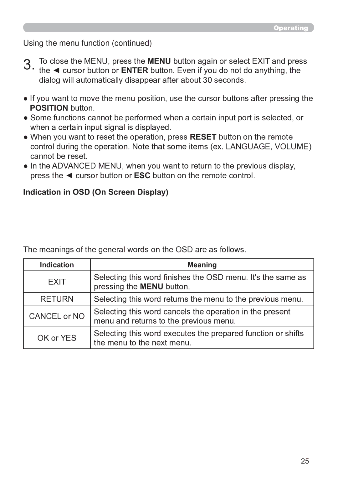 Hitachi CP-X3020 user manual Position button, Indication in OSD On Screen Display, Indication Meaning 