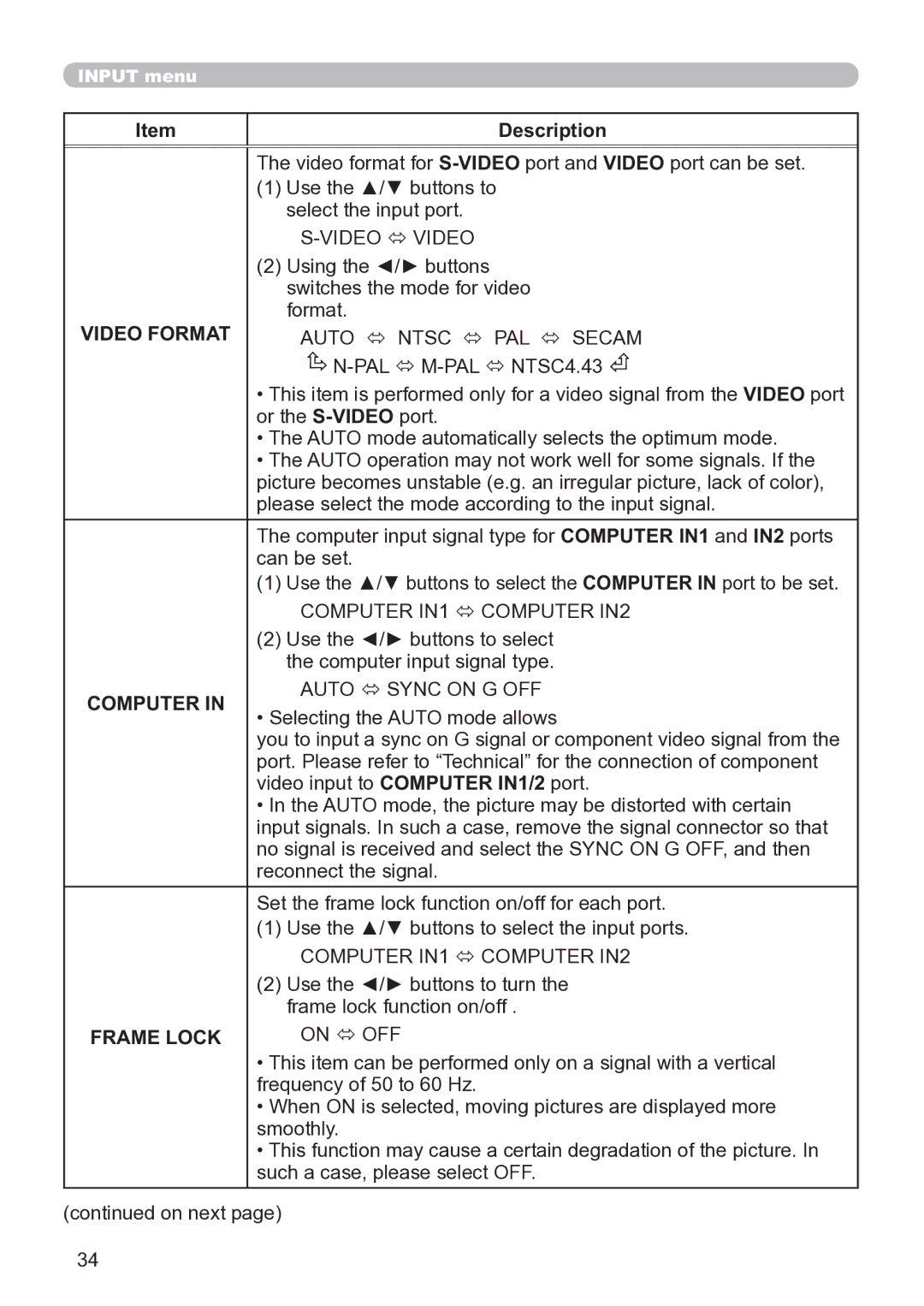 Hitachi CP-X3020 user manual Video Format, Computer, Frame Lock 