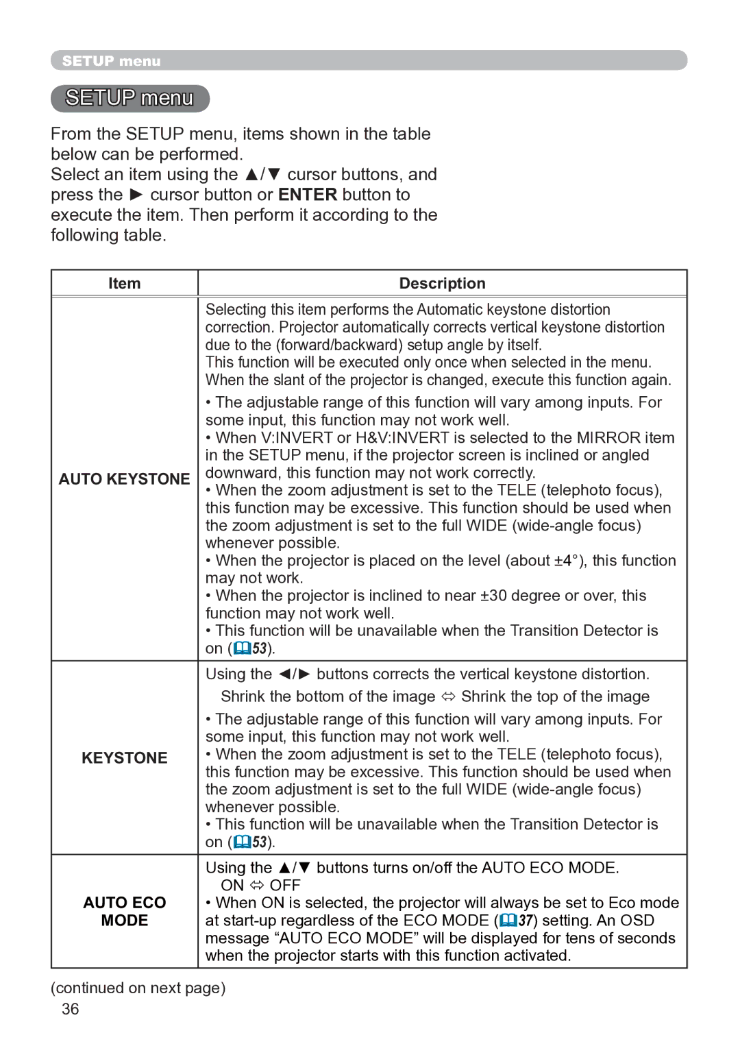 Hitachi CP-X3020 user manual Setup menu, Mode 