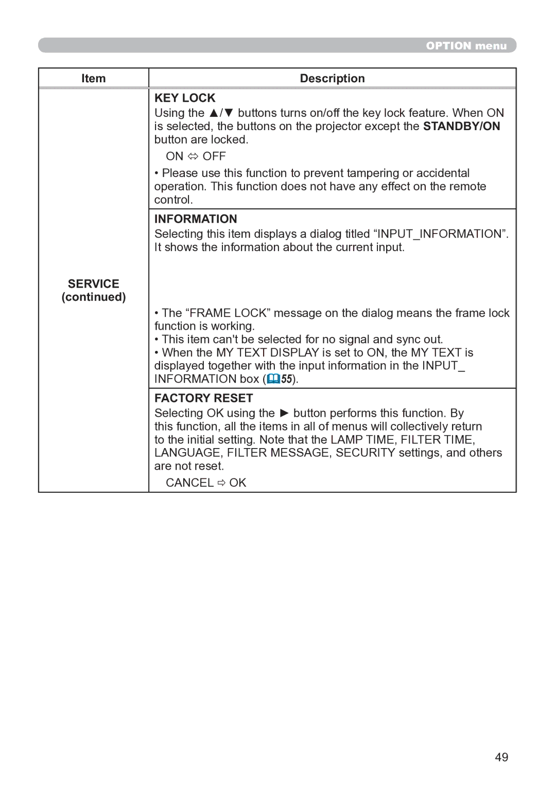 Hitachi CP-X3020 user manual KEY Lock, Information, Factory Reset 