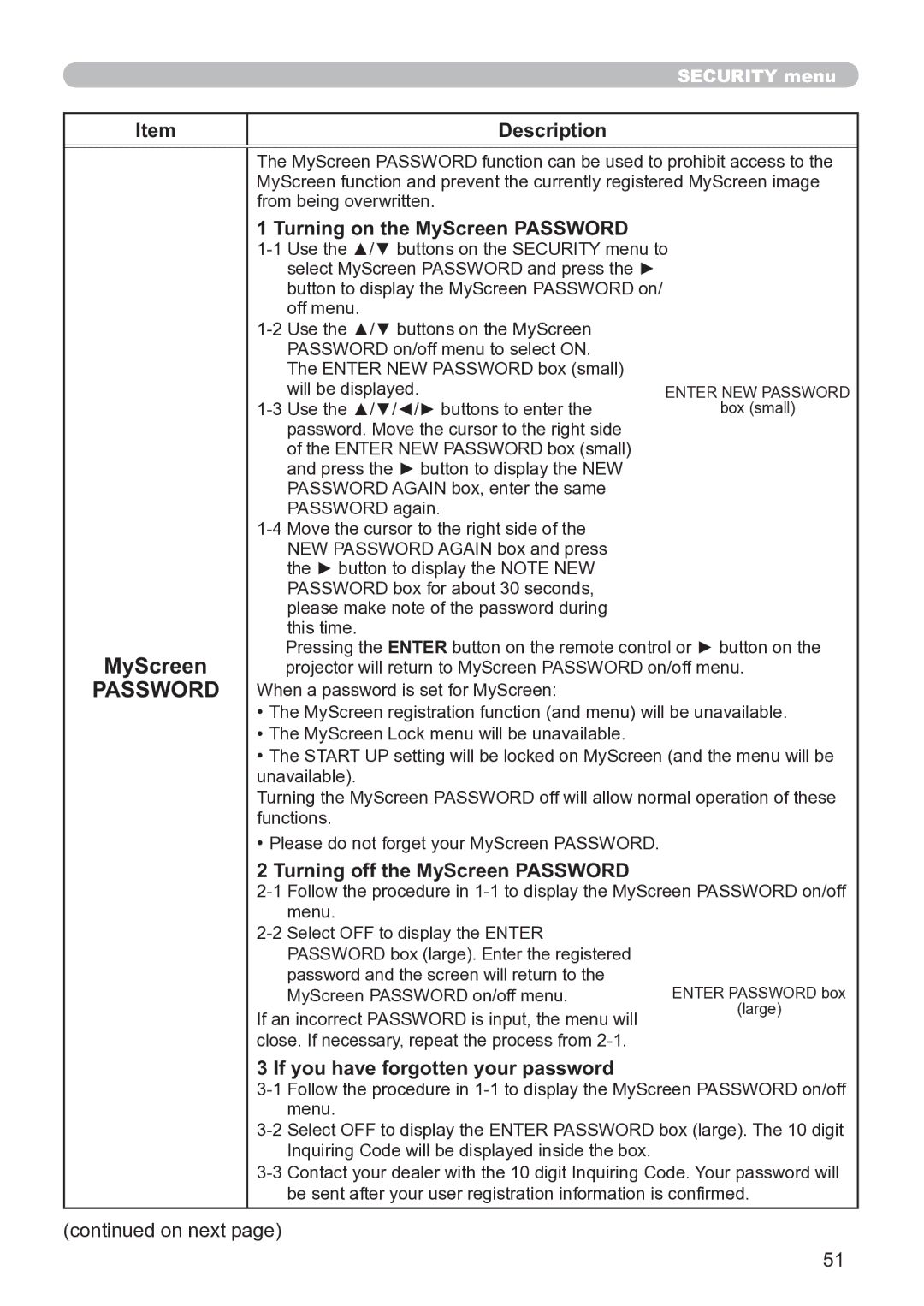 Hitachi CP-X3020 user manual Turning on the MyScreen Password, Turning off the MyScreen Password 