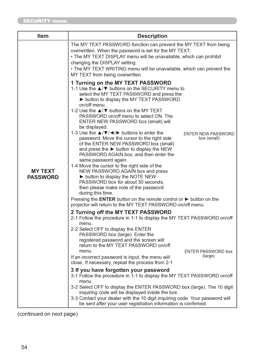 Hitachi CP-X3020 user manual Turning on the MY Text Password, Turning off the MY Text Password 