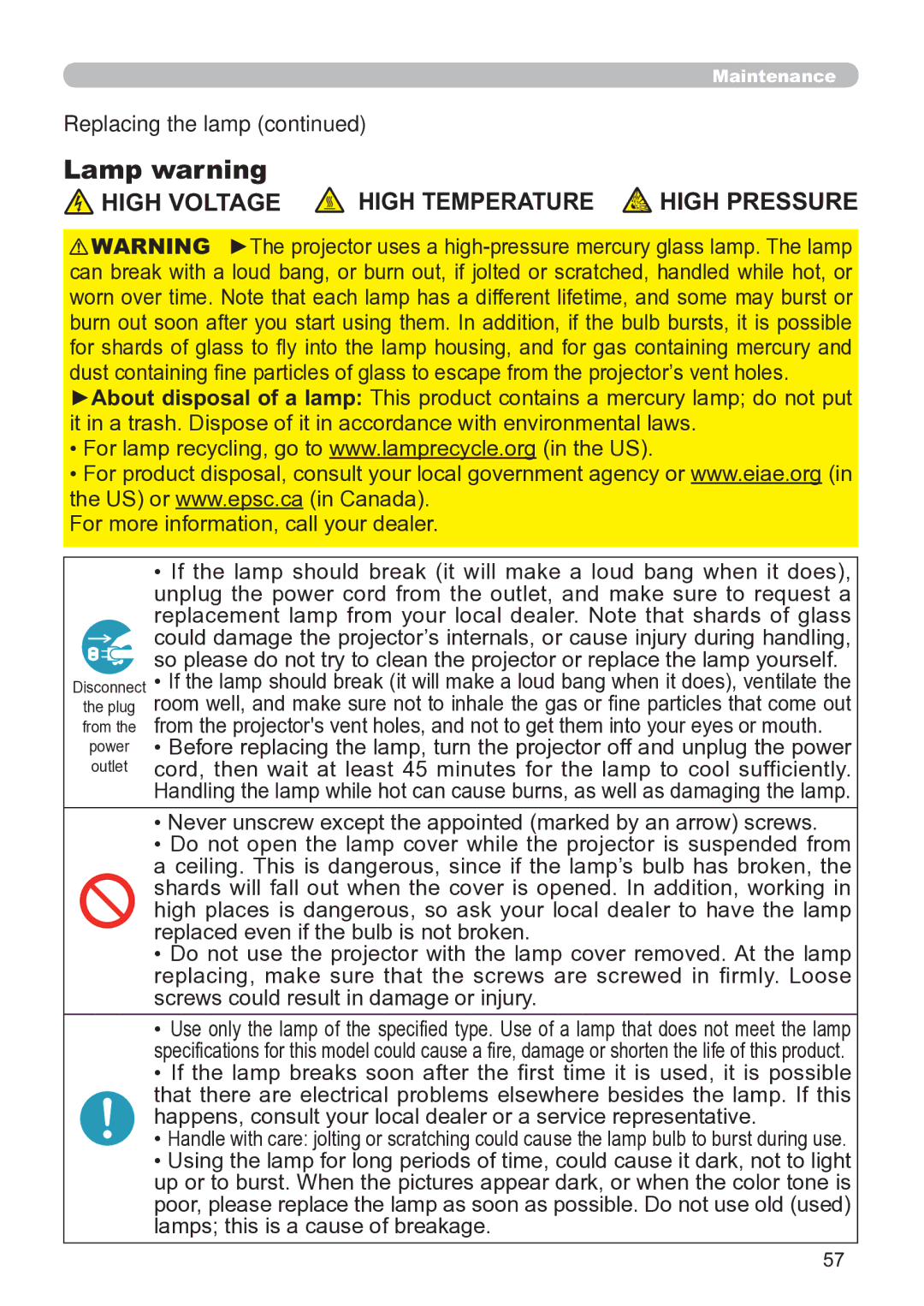 Hitachi CP-X3020 user manual Lamp warning, High Voltage High Temperature 