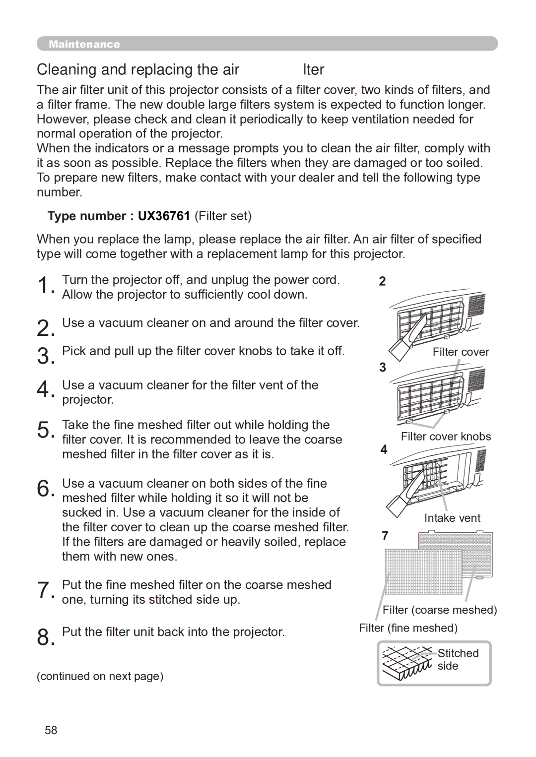 Hitachi CP-X3020 user manual Cleaning and replacing the air ﬁlter, Type number UX36761 Filter set 