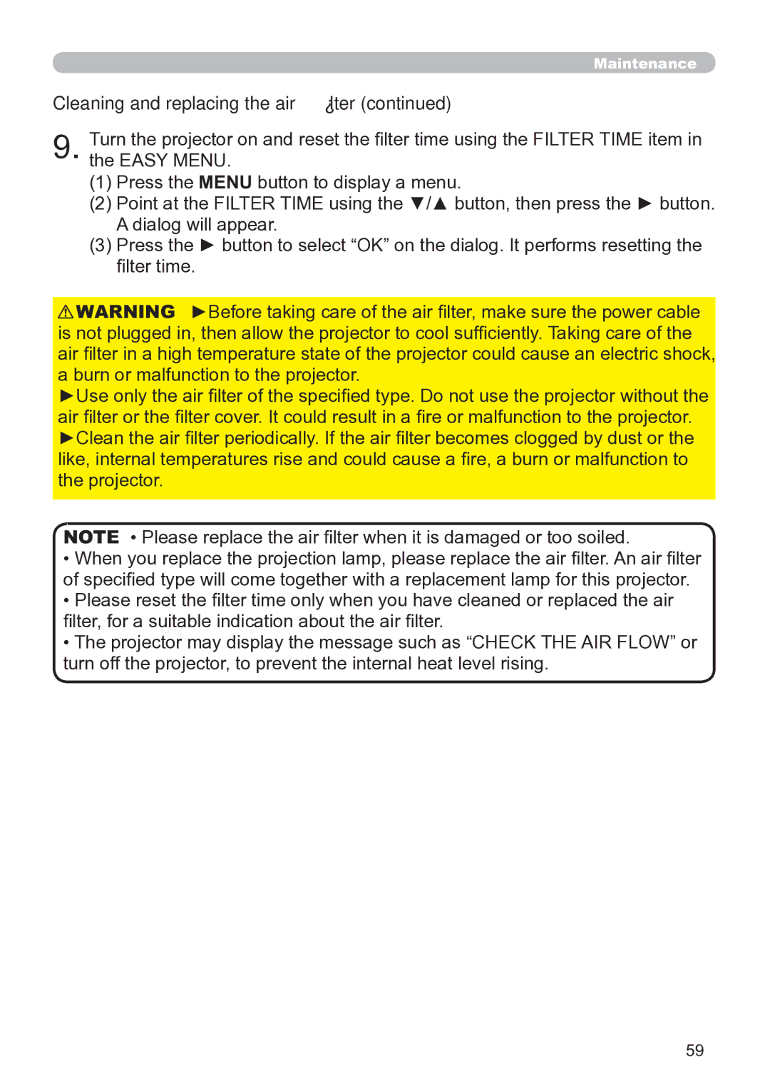 Hitachi CP-X3020 user manual Cleaning and replacing the air lter 