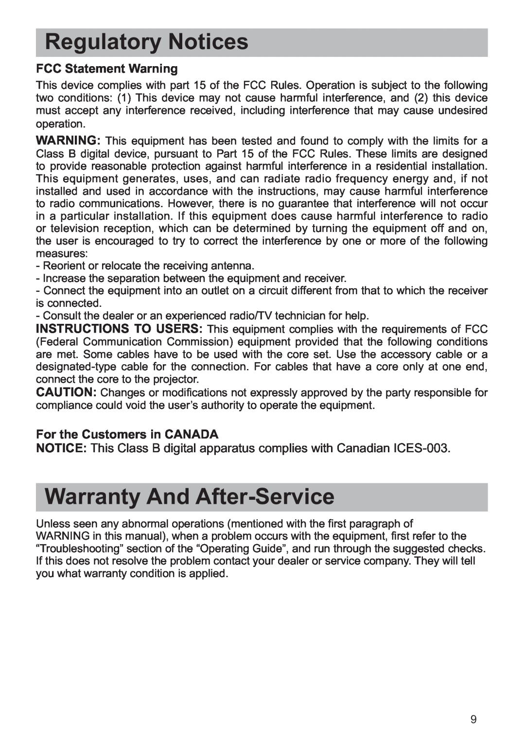 Hitachi CP-X3021WN Regulatory Notices, Warranty And After-Service, FCC Statement Warning, For the Customers in CANADA 