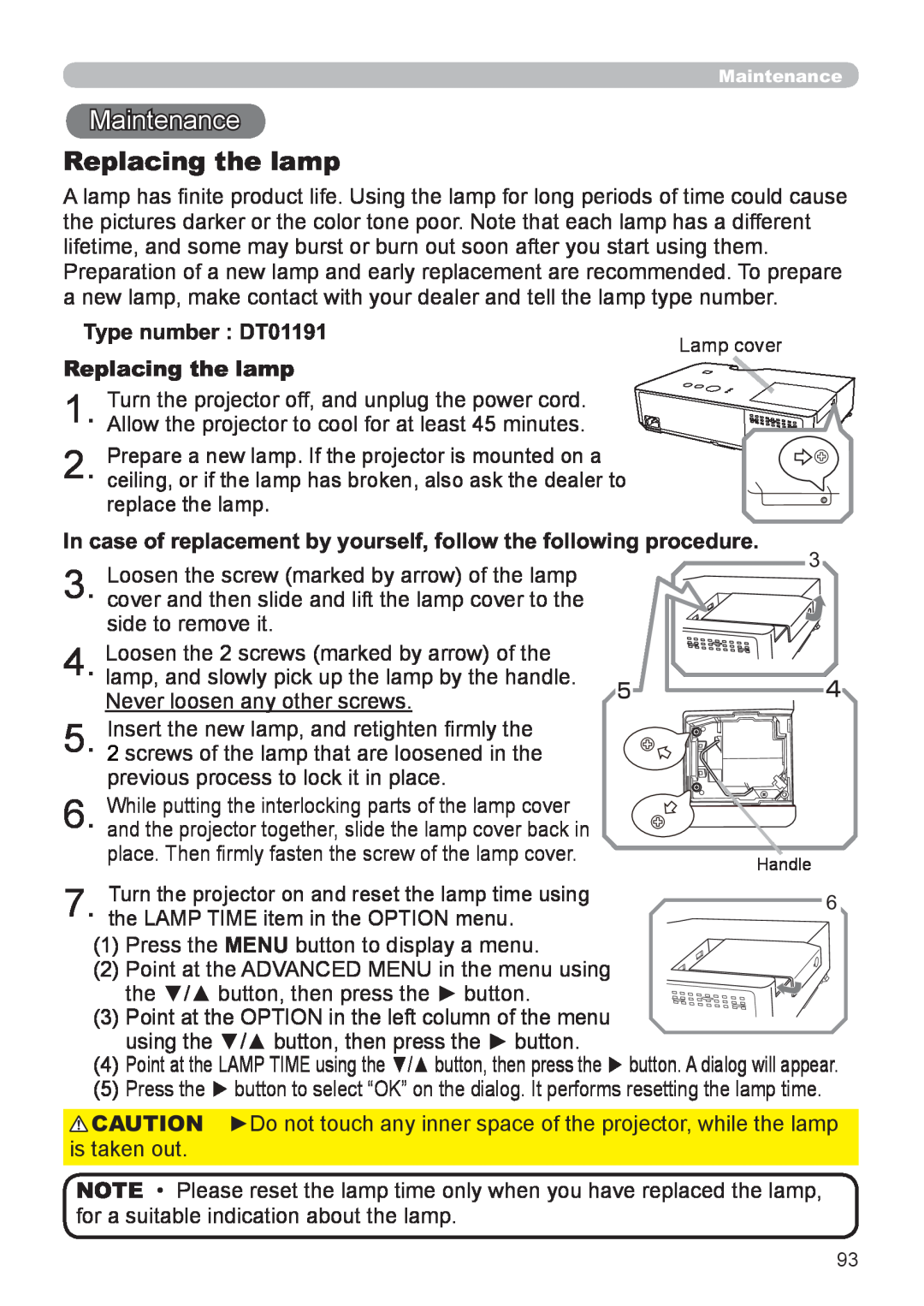 Hitachi CP-X3021WN, CP-X2521WN user manual Maintenance, Replacing the lamp, Type number : DT01191 