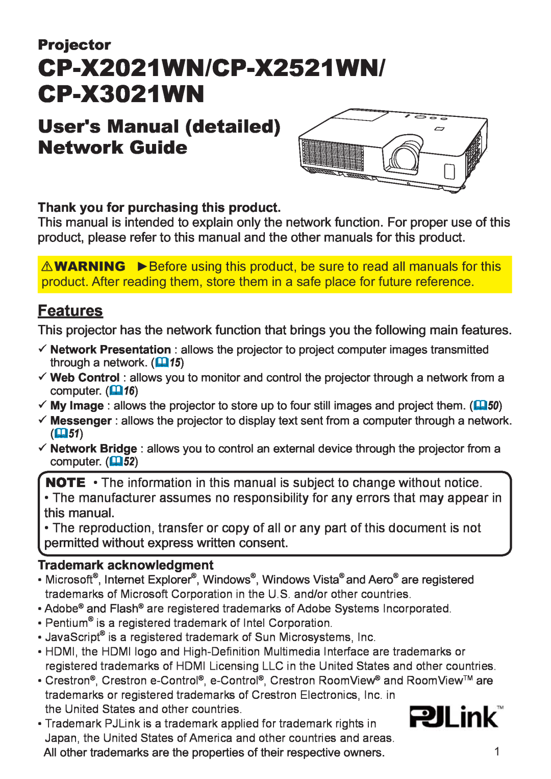 Hitachi Users Manual detailed Network Guide, CP-X2021WN/CP-X2521WN CP-X3021WN, Projector, Trademark acknowledgment 