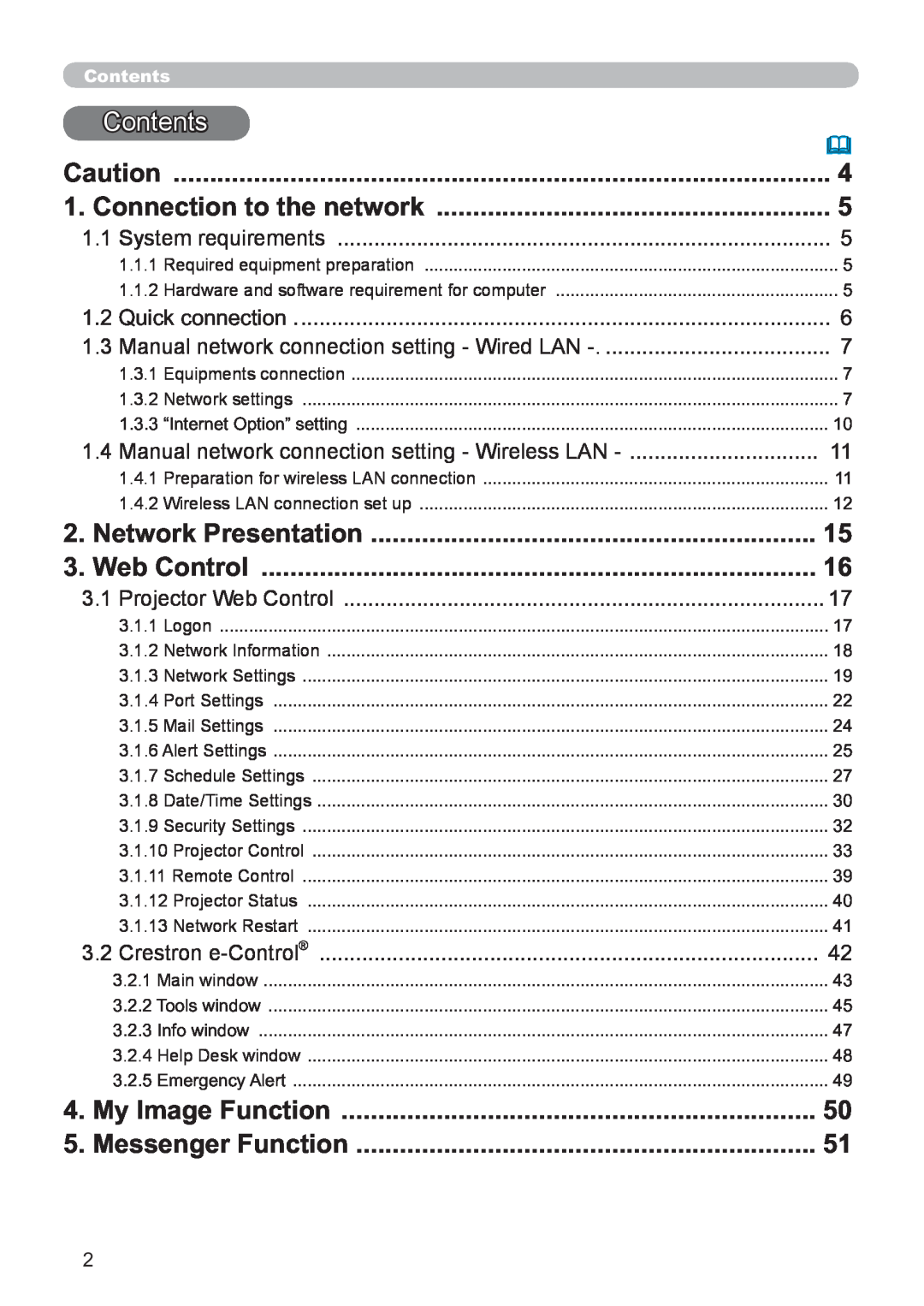 Hitachi CP-X3021WN, CP-X2521WN user manual Contents, Connection to the network 