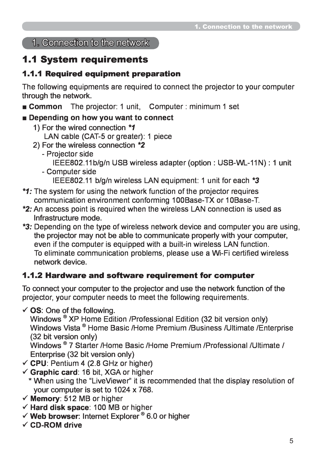 Hitachi CP-X2521WN, CP-X3021WN user manual Connection to the network, 1.1System requirements, Required equipment preparation 