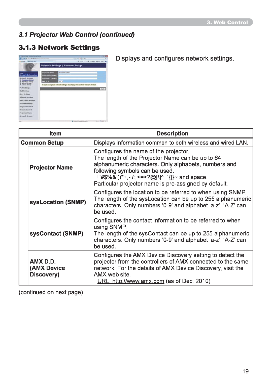 Hitachi CP-X2521WN, CP-X3021WN user manual Projector Web Control continued, Network Settings 