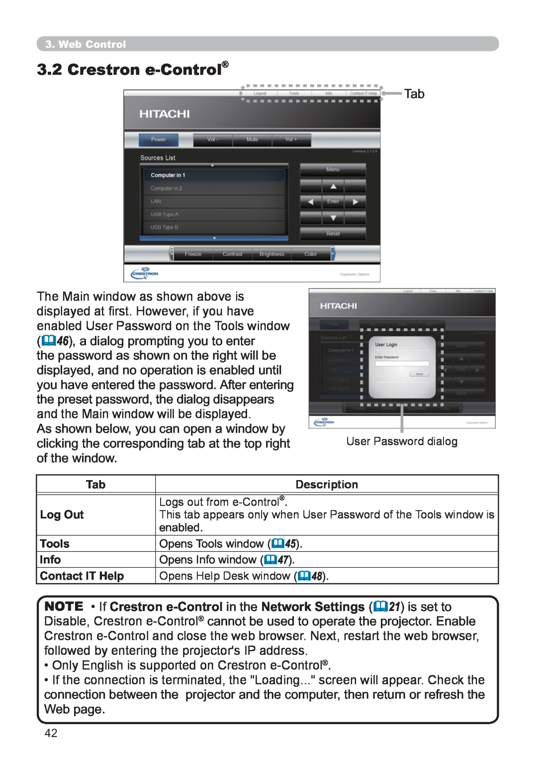 Hitachi CP-X3021WN, CP-X2521WN user manual Crestron e-Control 
