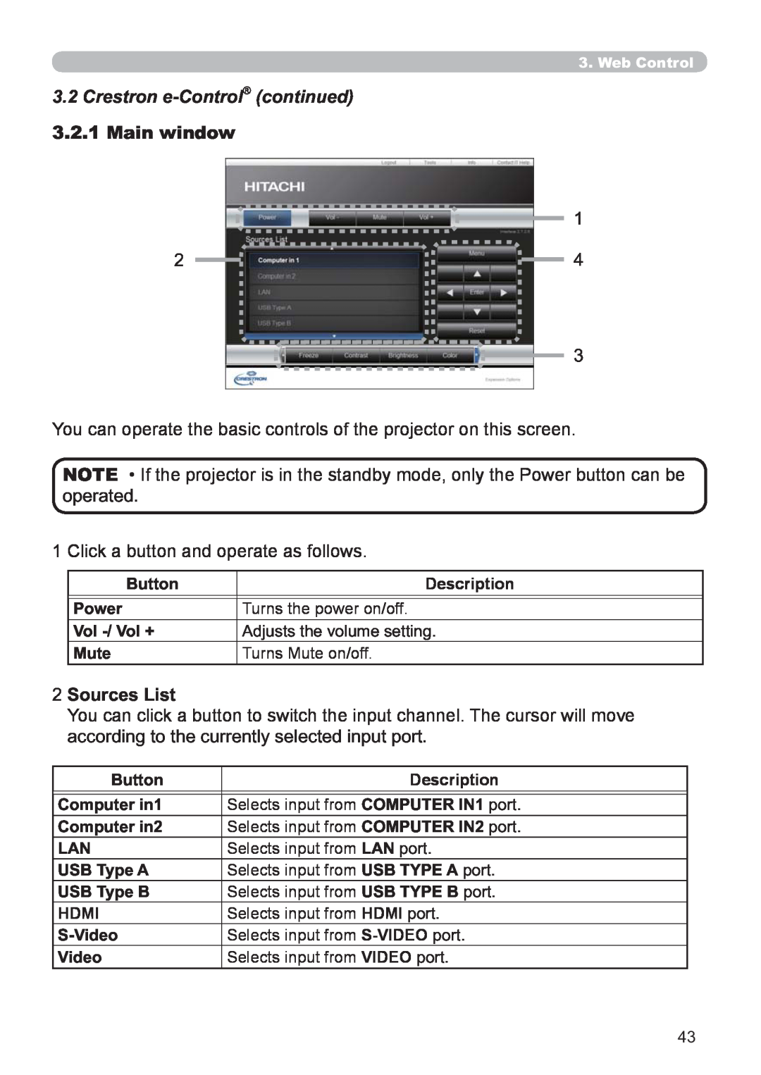 Hitachi CP-X2521WN, CP-X3021WN user manual Crestron e-Control continued, Main window, Sources List 