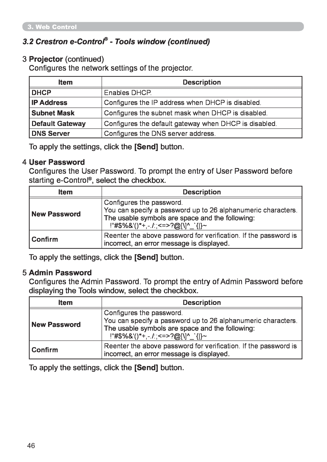 Hitachi CP-X3021WN, CP-X2521WN user manual Crestron e-Control - Tools window continued, User Password, Admin Password 