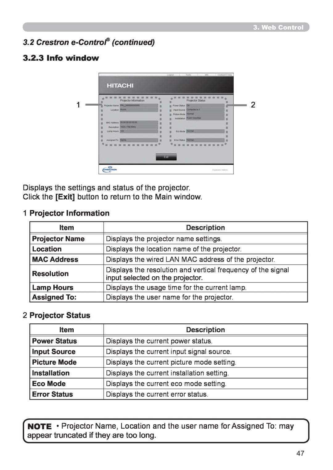 Hitachi CP-X2521WN user manual Crestron e-Control continued, Info window, Displays the settings and status of the projector 