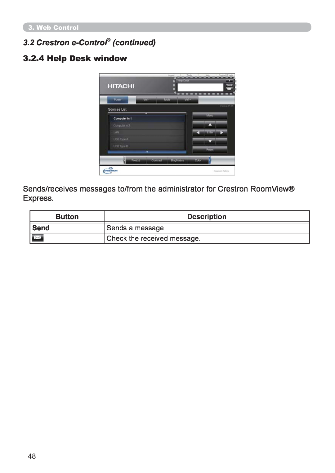 Hitachi CP-X3021WN Crestron e-Control continued, Help Desk window, Button, Description, Sends a message, Web Control 