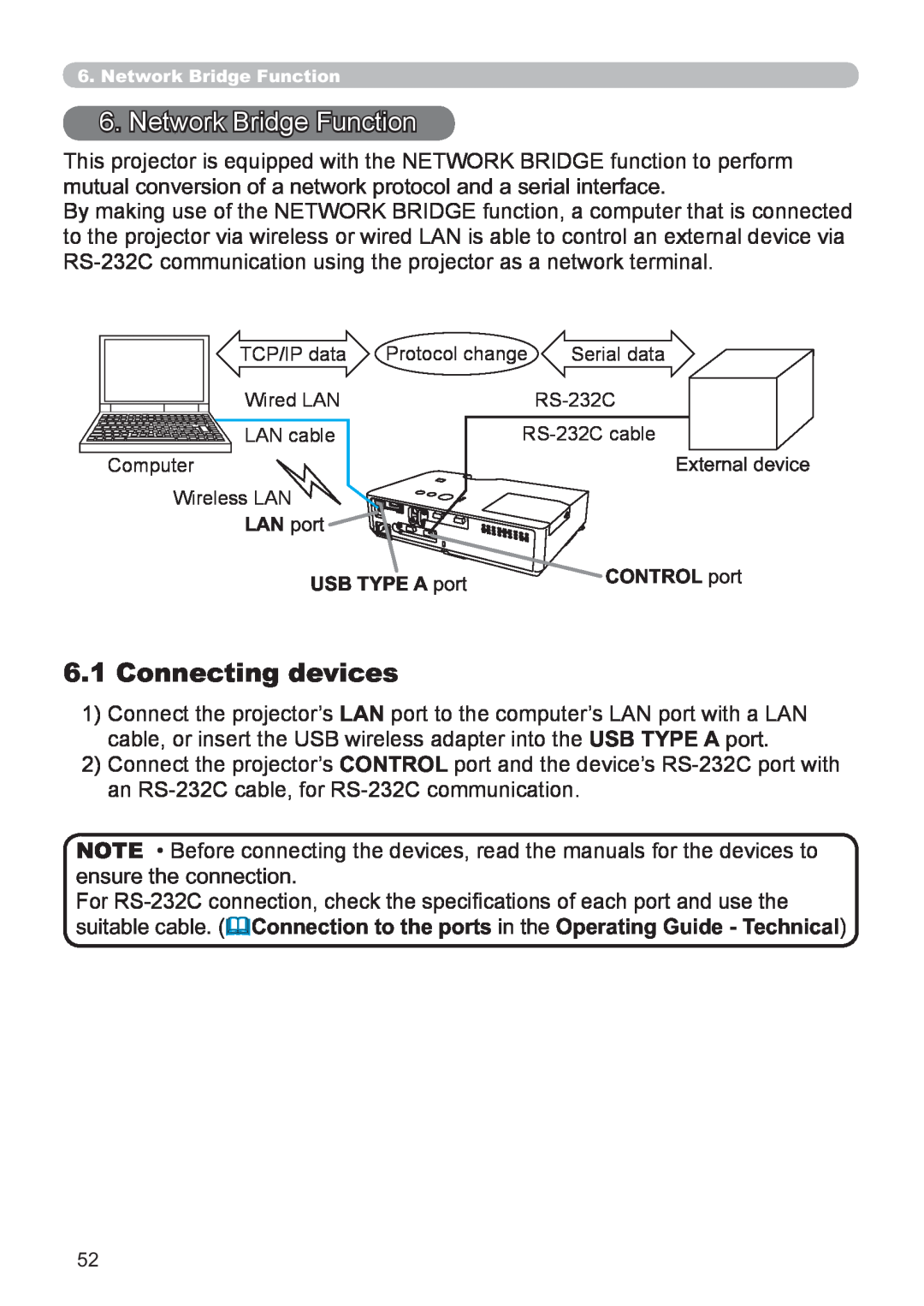 Hitachi CP-X3021WN, CP-X2521WN user manual Network Bridge Function, Connecting devices 