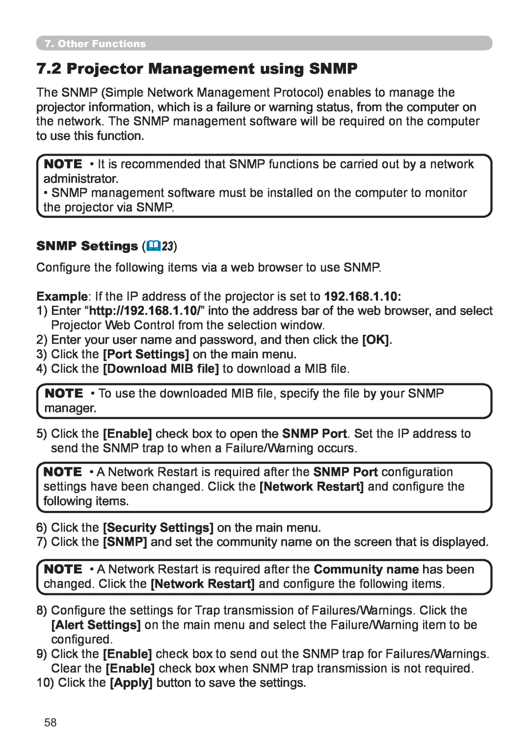 Hitachi CP-X3021WN, CP-X2521WN user manual Projector Management using SNMP, SNMP Settings 