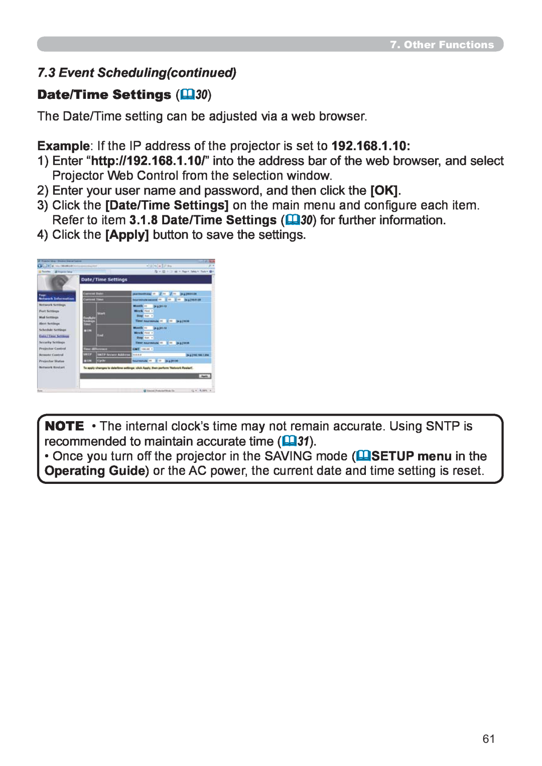 Hitachi CP-X2521WN, CP-X3021WN user manual Event Schedulingcontinued, Date/Time Settings 