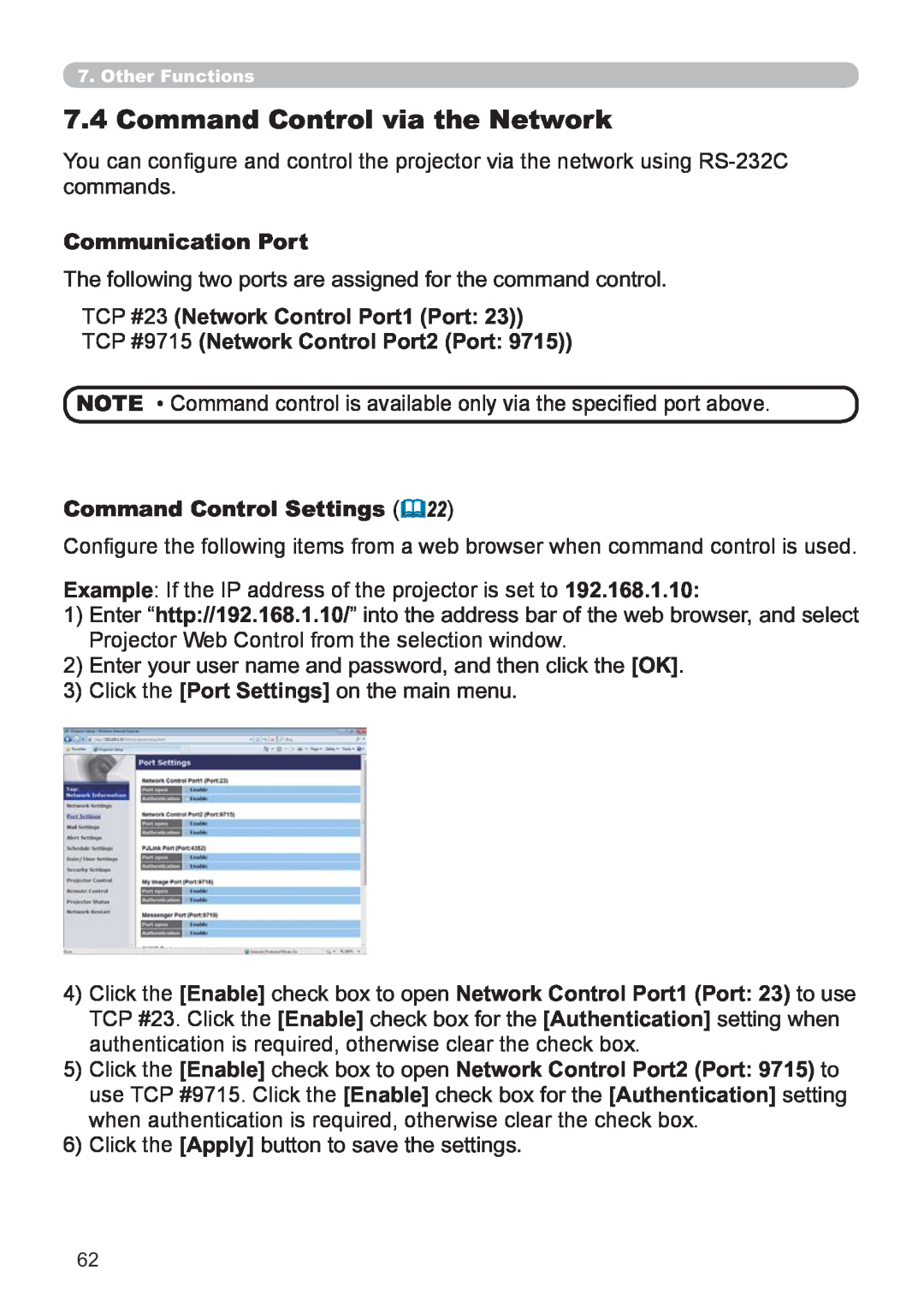 Hitachi CP-X3021WN, CP-X2521WN Command Control via the Network, Communication Port, TCP #23 Network Control Port1 Port 