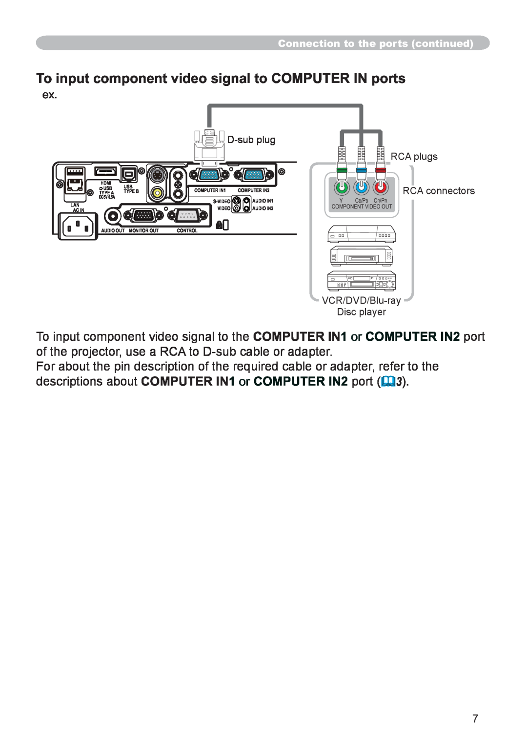 Hitachi CP-X2521WN, CP-X3021WN user manual RCA plugs RCA connectors, VCR/DVD/Blu-ray Disc player 