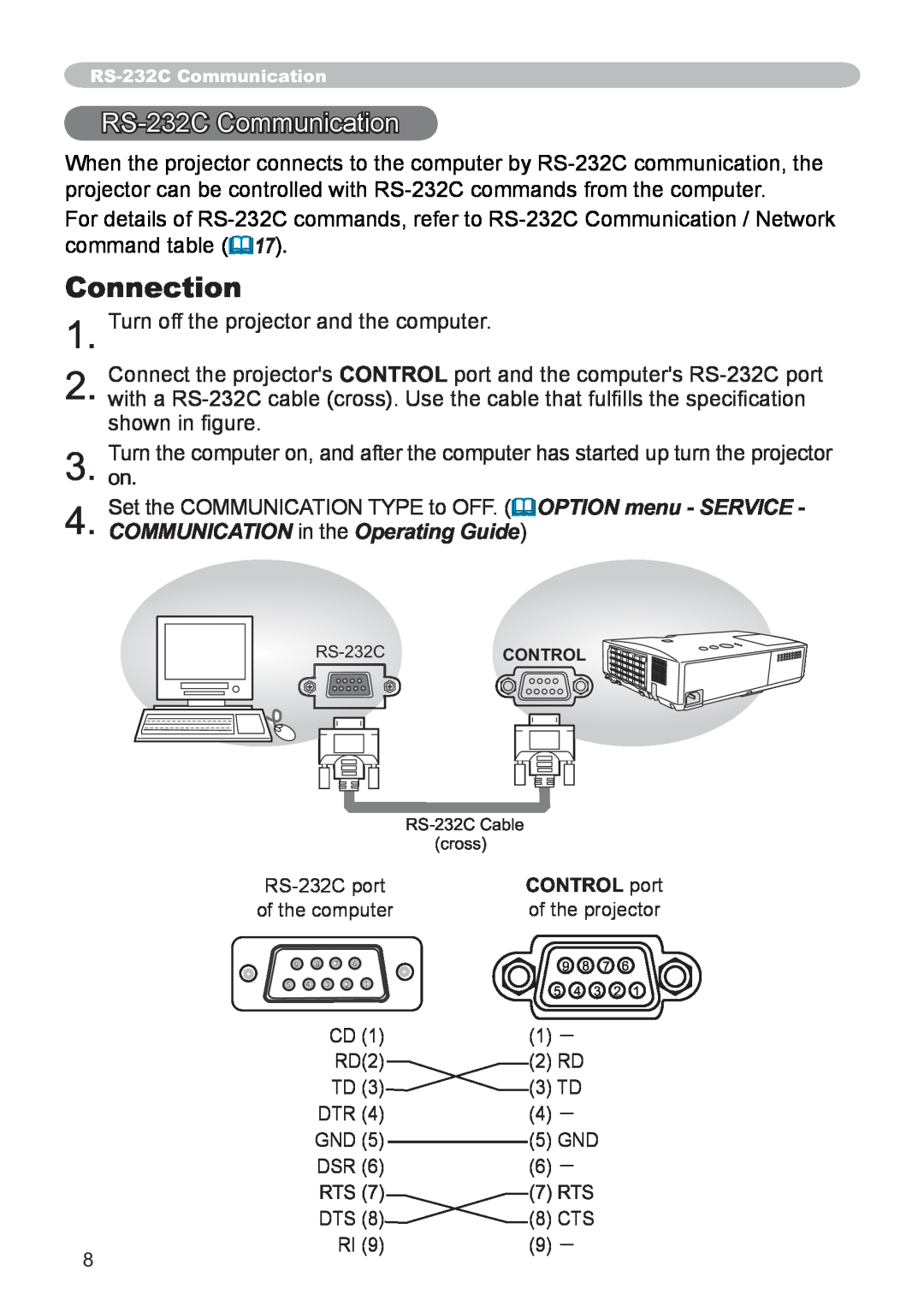 Hitachi CP-X3021WN, CP-X2521WN user manual Connection, RS-232CCommunication, COMMUNICATION in the Operating Guide 