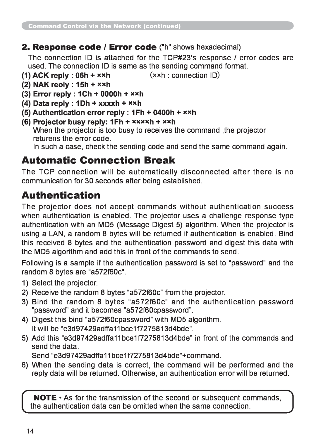 Hitachi CP-X3021WN, CP-X2521WN Automatic Connection Break, Authentication, Response code / Error code h shows hexadecimal 