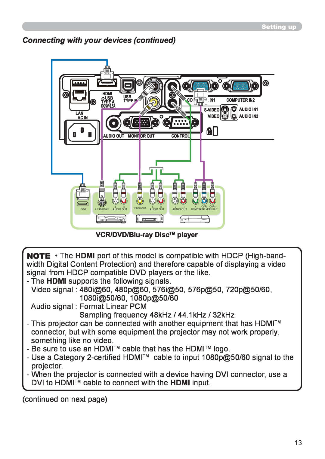 Hitachi CP-X3021WN, CP-X2521WN user manual Connecting with your devices continued, The HDMI supports the following signals 