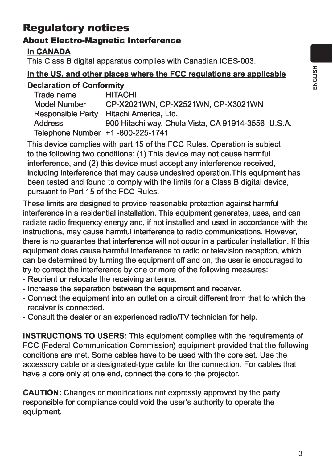 Hitachi CP-X3021WN, CP-X2521WN Regulatory notices, About Electro-MagneticInterference In CANADA, Declaration of Conformity 