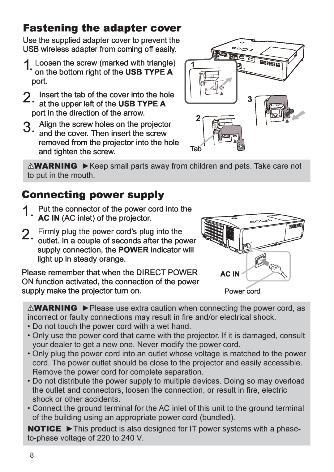 Hitachi CP-X2521WN, CP-X3021WN user manual Connecting power supply, Fastening the adapter cover, 1 3 2 