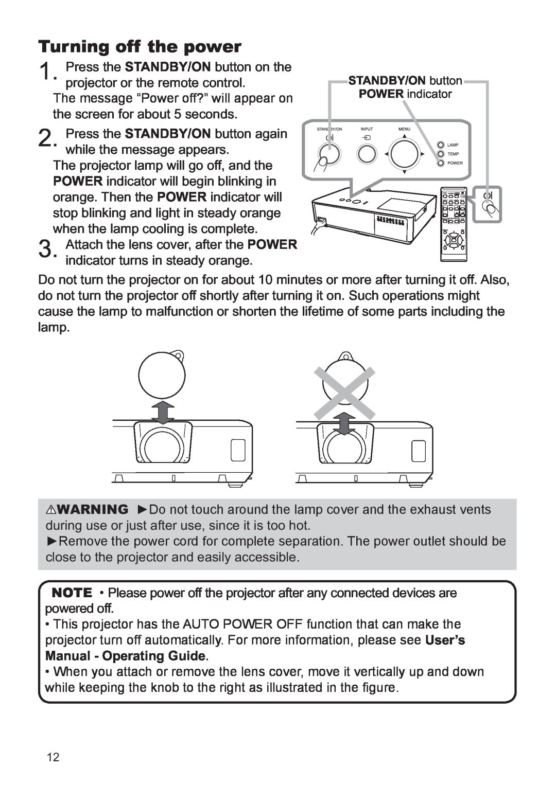 Hitachi CP-X2521WN, CP-X3021WN user manual Turning off the power, Manual - Operating Guide 