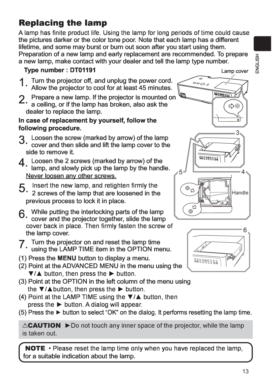 Hitachi CP-X3021WN, CP-X2521WN user manual Replacing the lamp, Type number : DT01191 