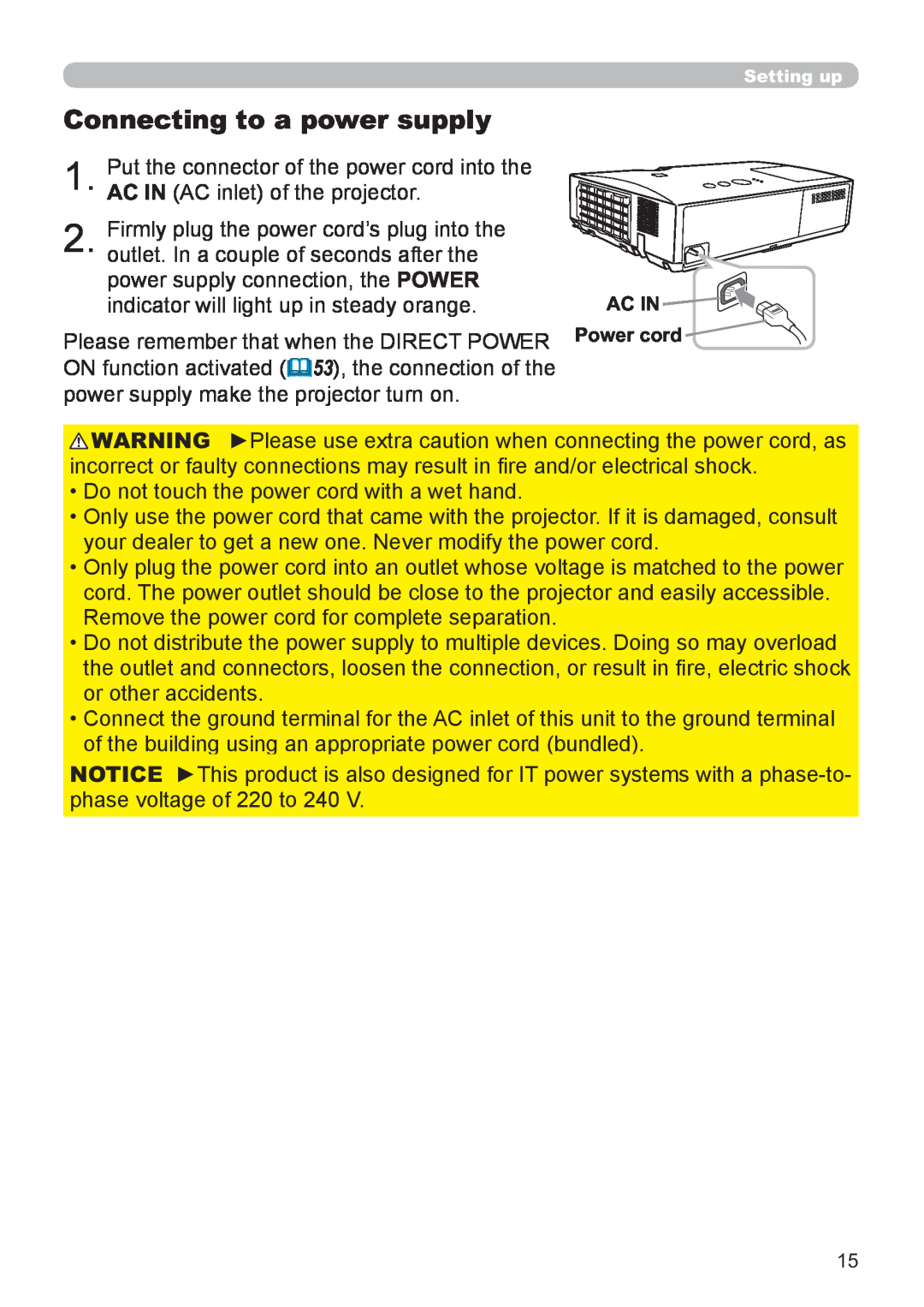 Hitachi CP-X3021WN, CP-X2521WN user manual Connecting to a power supply 
