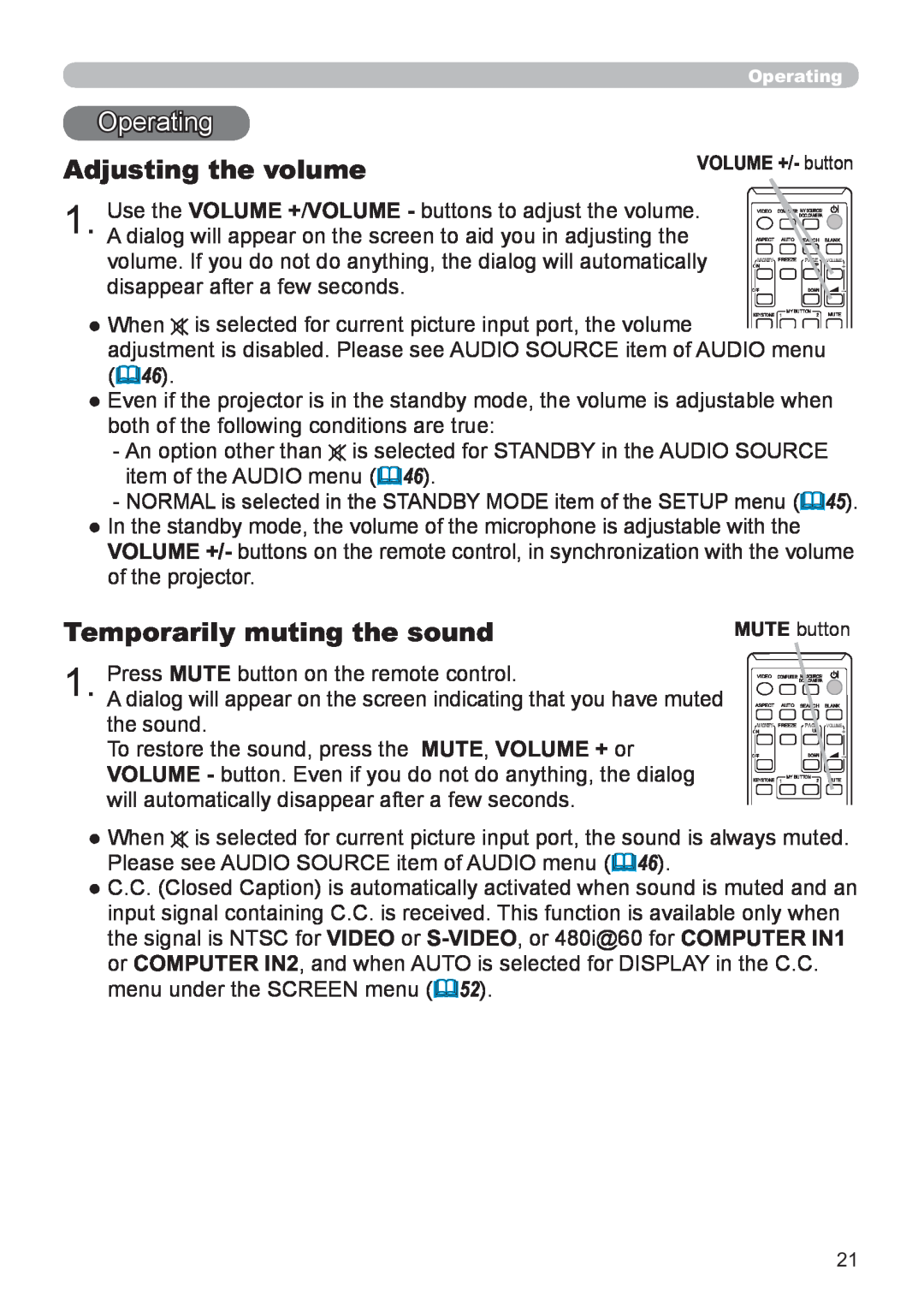 Hitachi CP-X3021WN, CP-X2521WN user manual Operating, Adjusting the volume, Temporarily muting the sound 