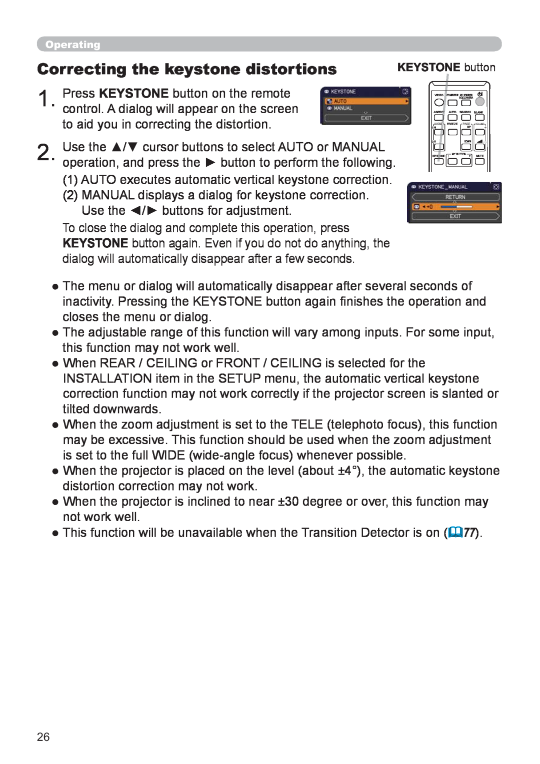 Hitachi CP-X2521WN, CP-X3021WN user manual Correcting the keystone distortions, KEYSTONE button 