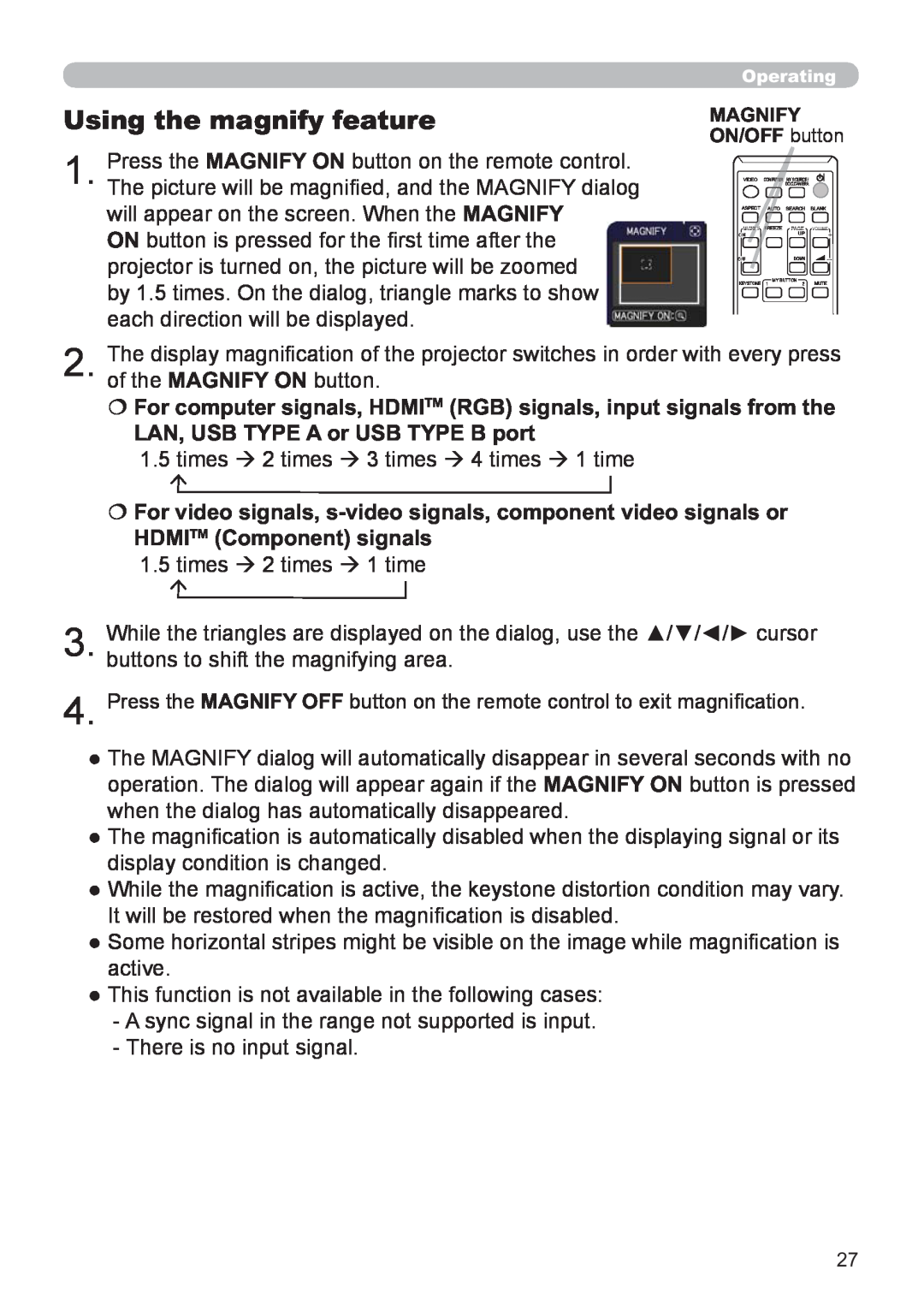Hitachi CP-X3021WN, CP-X2521WN user manual Using the magnify feature 