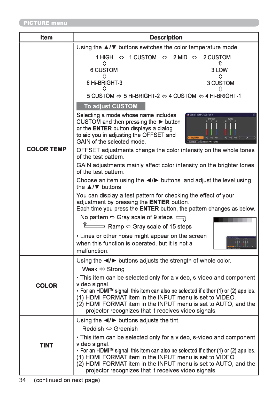 Hitachi CP-X2521WN, CP-X3021WN user manual Item, Description, To adjust CUSTOM, Color Temp, Tint 