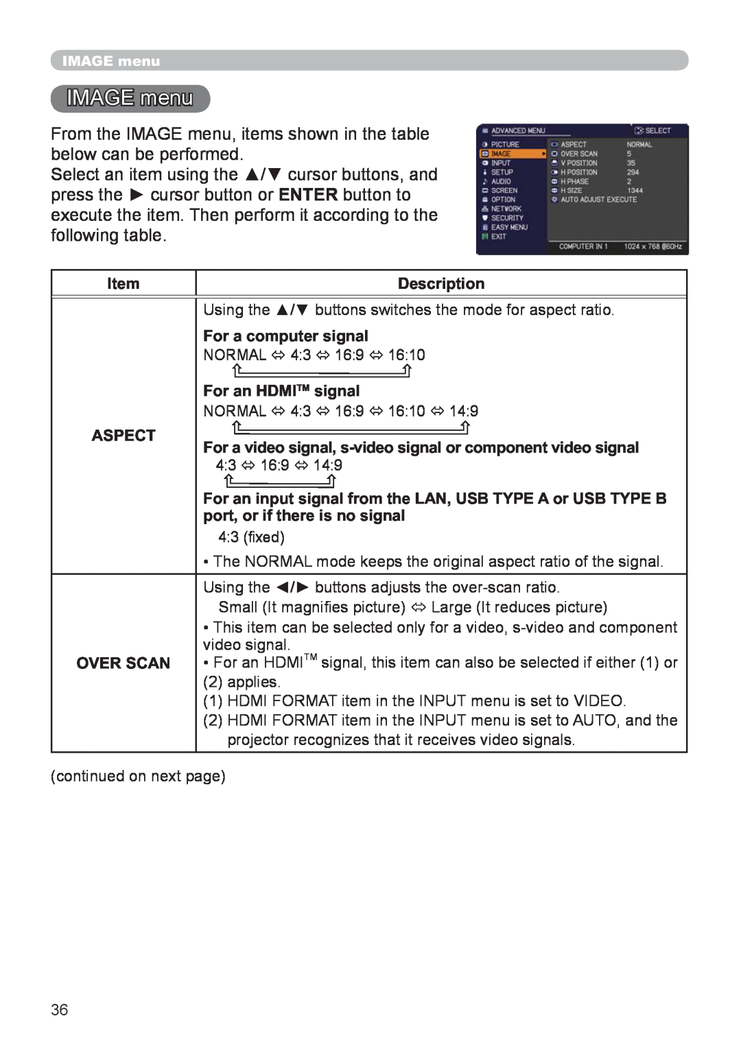 Hitachi CP-X2521WN, CP-X3021WN IMAGE menu, Item, Description, For a computer signal, For an HDMITM signal, Aspect 