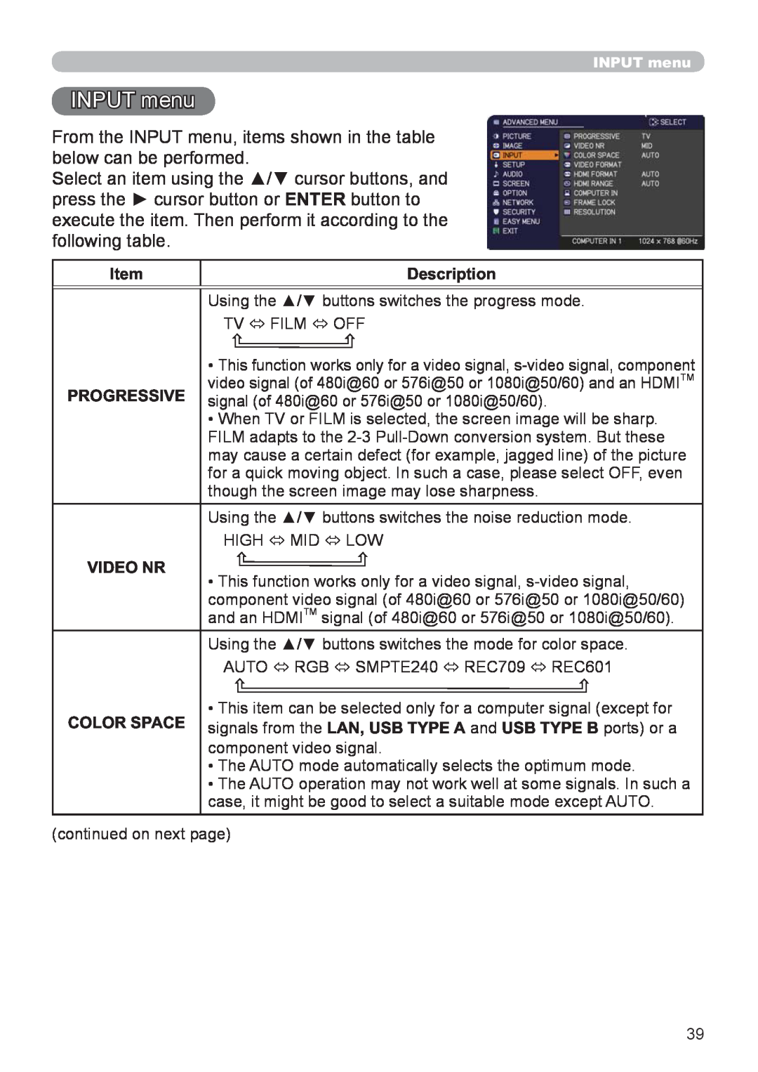 Hitachi CP-X3021WN, CP-X2521WN user manual INPUT menu, Item, Description, Video Nr 