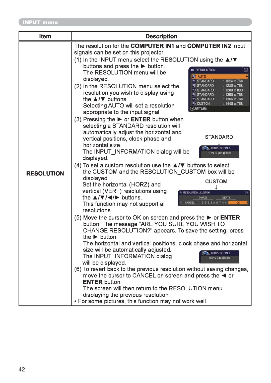 Hitachi CP-X2521WN, CP-X3021WN user manual Item, Description, Resolution 