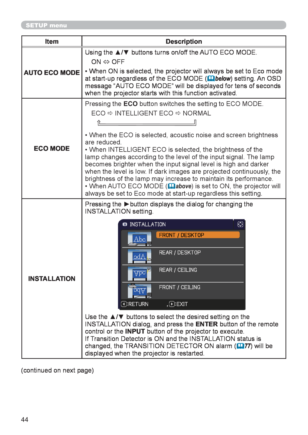 Hitachi CP-X2521WN, CP-X3021WN user manual Item, Description, Auto Eco Mode, Installation 