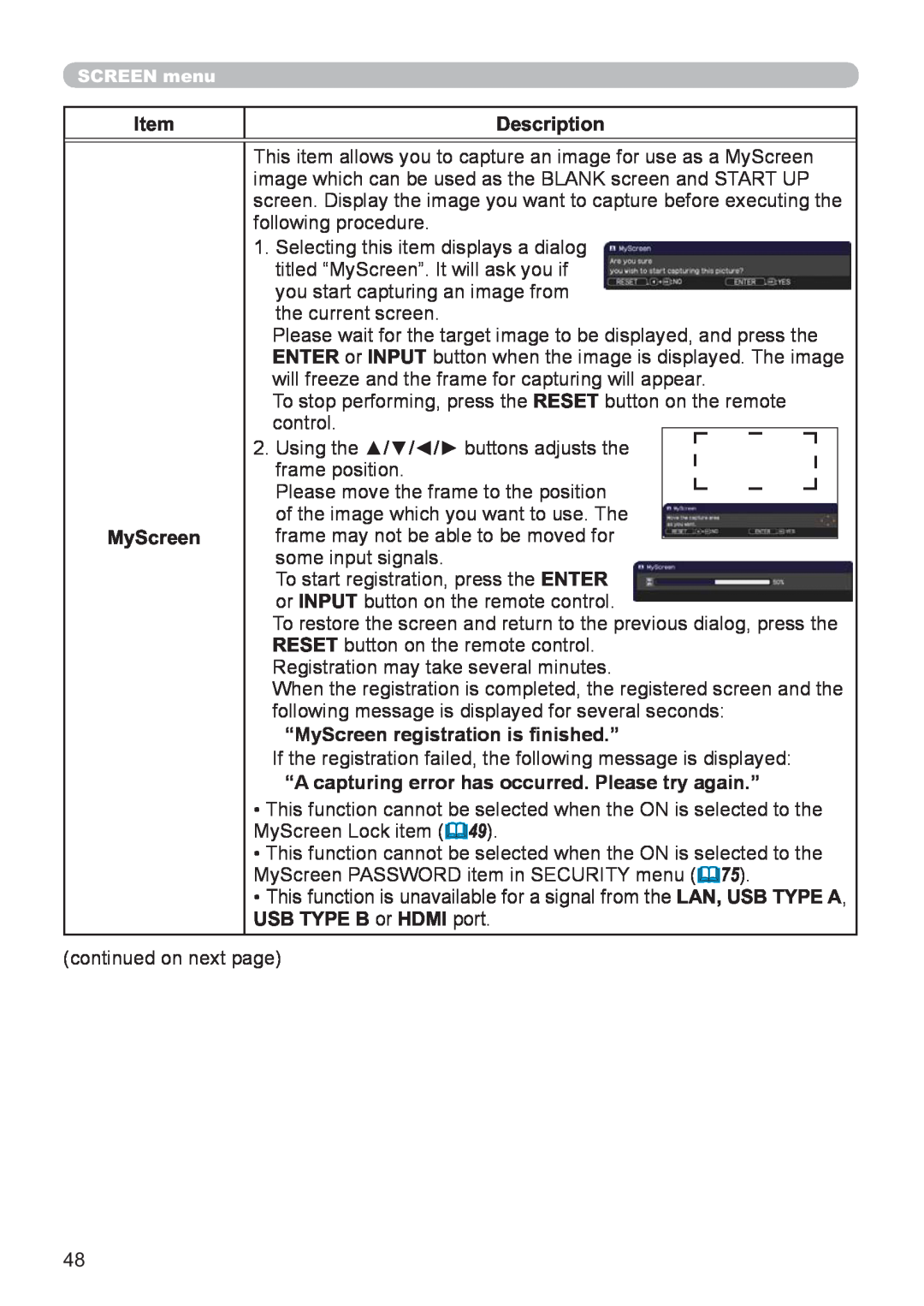 Hitachi CP-X2521WN, CP-X3021WN Item, Description, “MyScreen registration is ﬁnished.”, USB TYPE B or HDMI port 