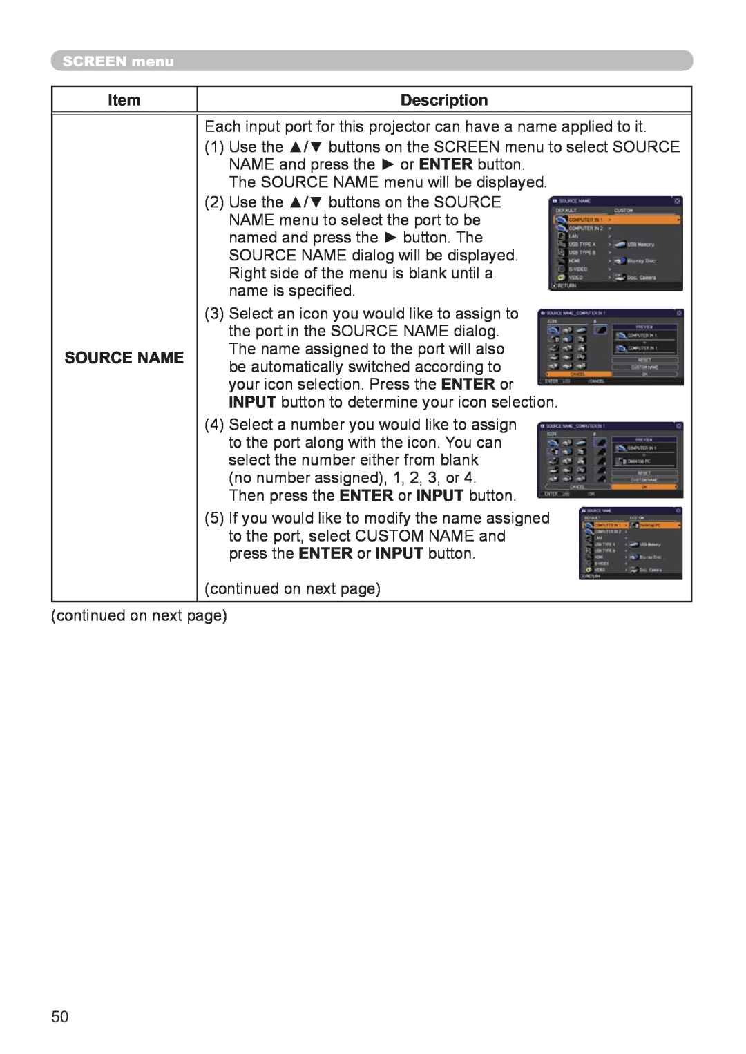Hitachi CP-X2521WN, CP-X3021WN user manual Item, Description, Source Name 