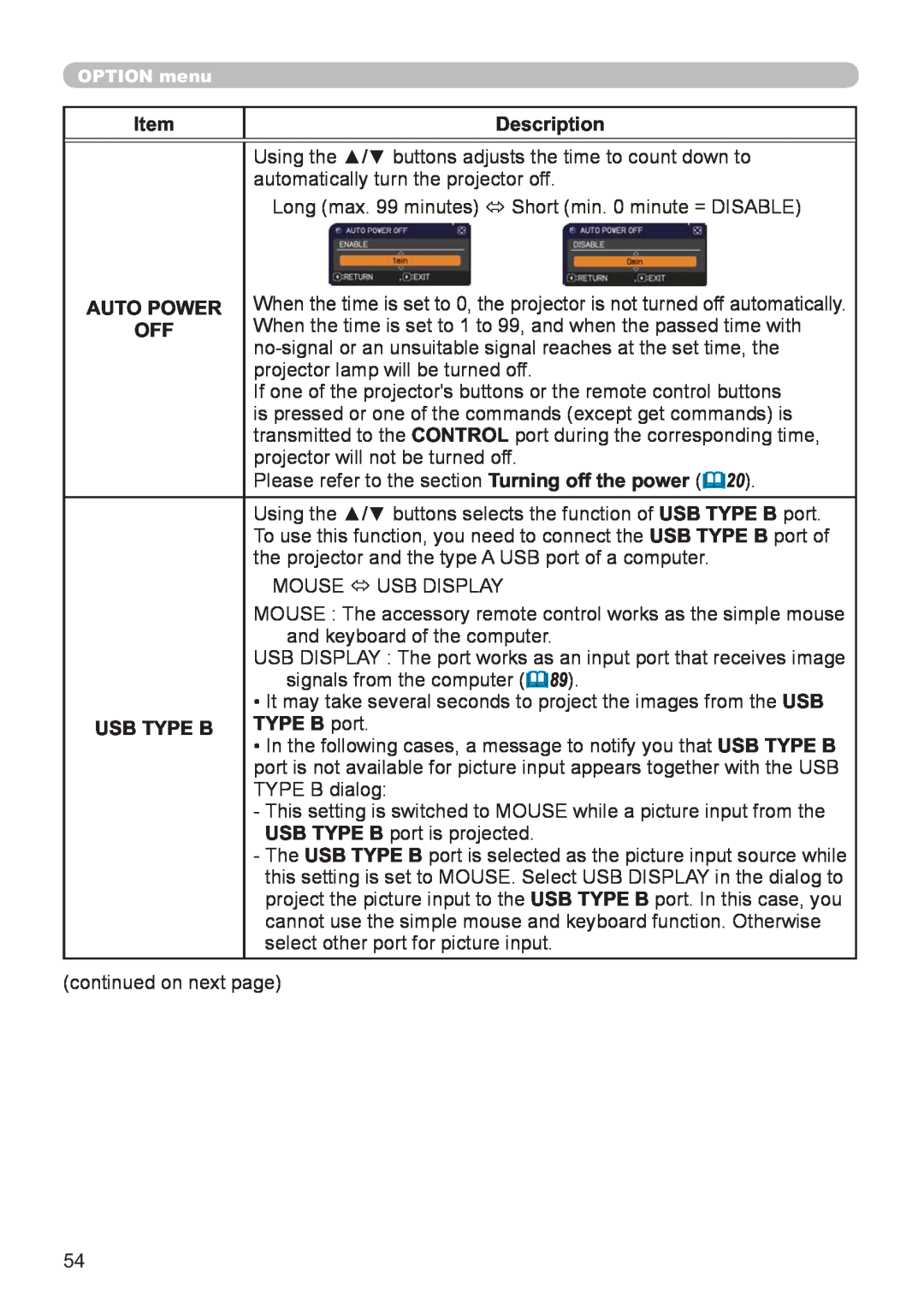 Hitachi CP-X2521WN, CP-X3021WN user manual Item, Description, Auto Power, Usb Type B, TYPE B port 