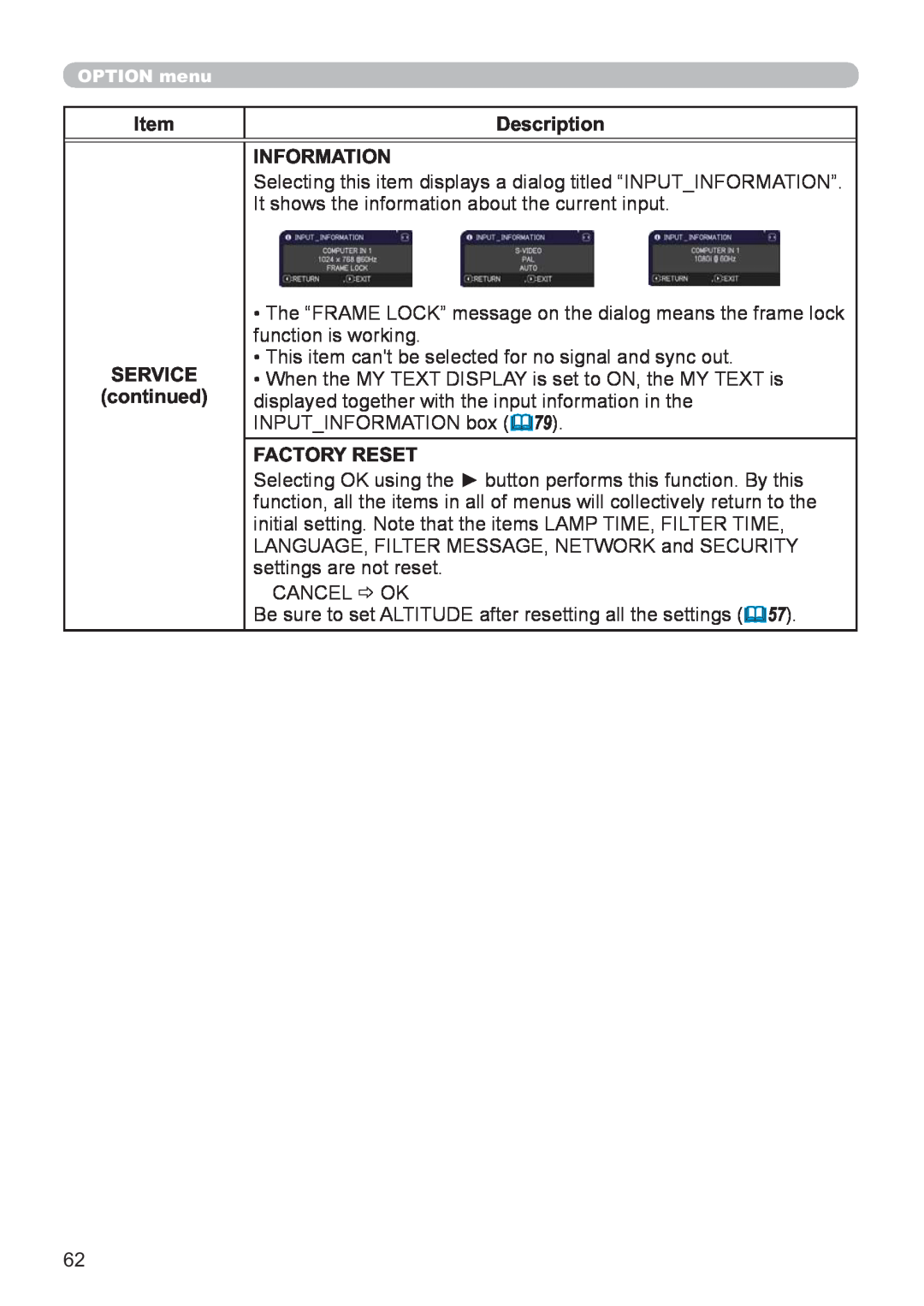 Hitachi CP-X2521WN, CP-X3021WN user manual Item, Description, Information, Service, continued, Factory Reset 