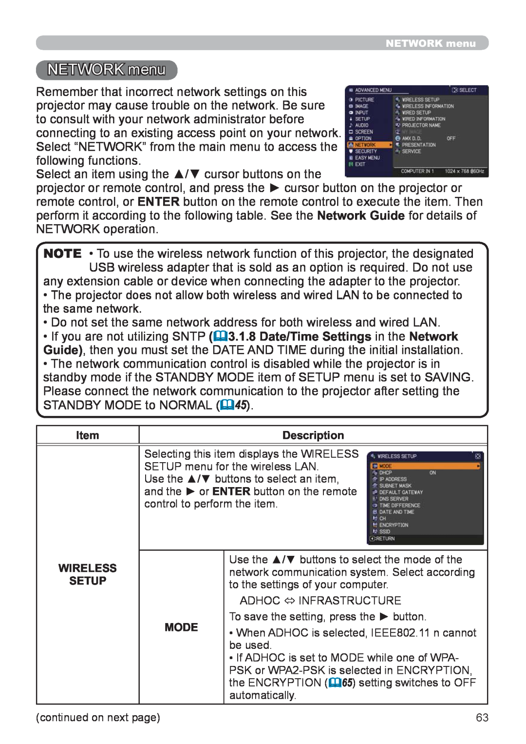 Hitachi CP-X3021WN, CP-X2521WN user manual NETWORK menu 