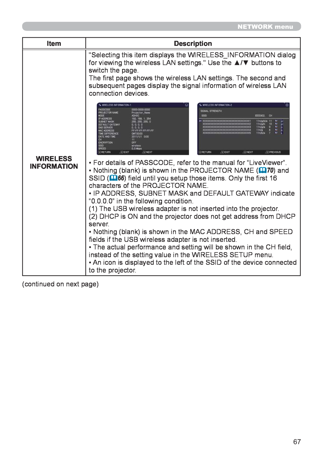 Hitachi CP-X3021WN, CP-X2521WN user manual Item, Description, Wireless Information 