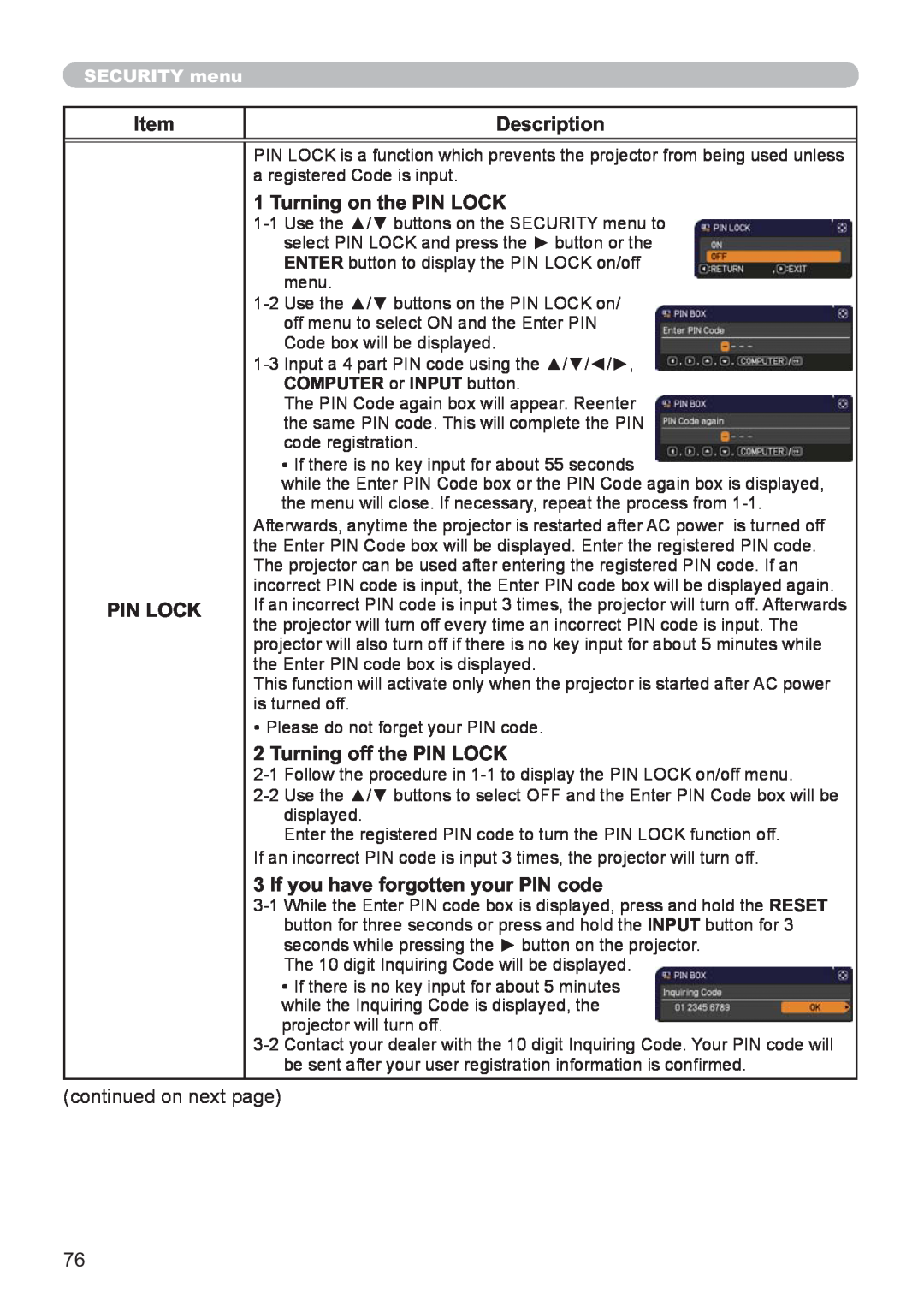 Hitachi CP-X2521WN Item, Description, Pin Lock, Turning on the PIN LOCK, Turning off the PIN LOCK, continued on next page 
