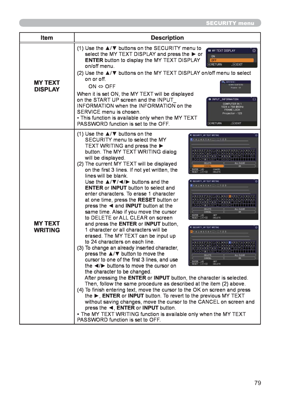 Hitachi CP-X3021WN, CP-X2521WN user manual Item, Description, My Text, Display, Writing, SECURITY menu 