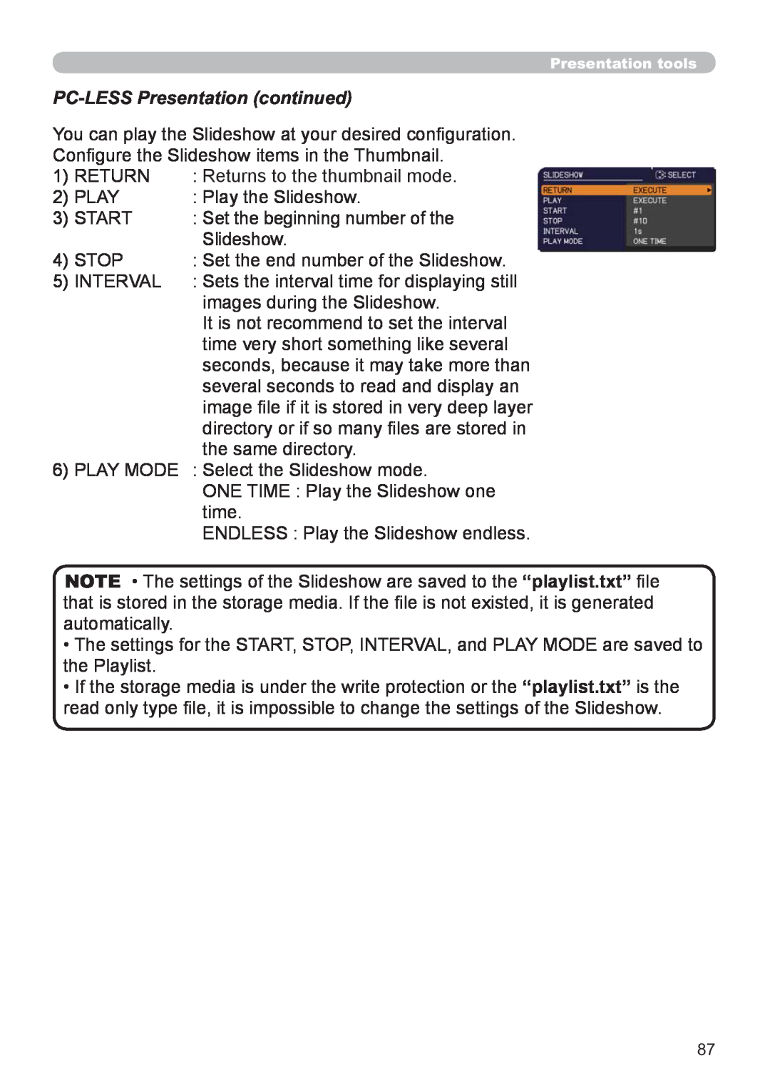 Hitachi CP-X3021WN, CP-X2521WN user manual PC-LESSPresentation continued, Congure the Slideshow items in the Thumbnail 